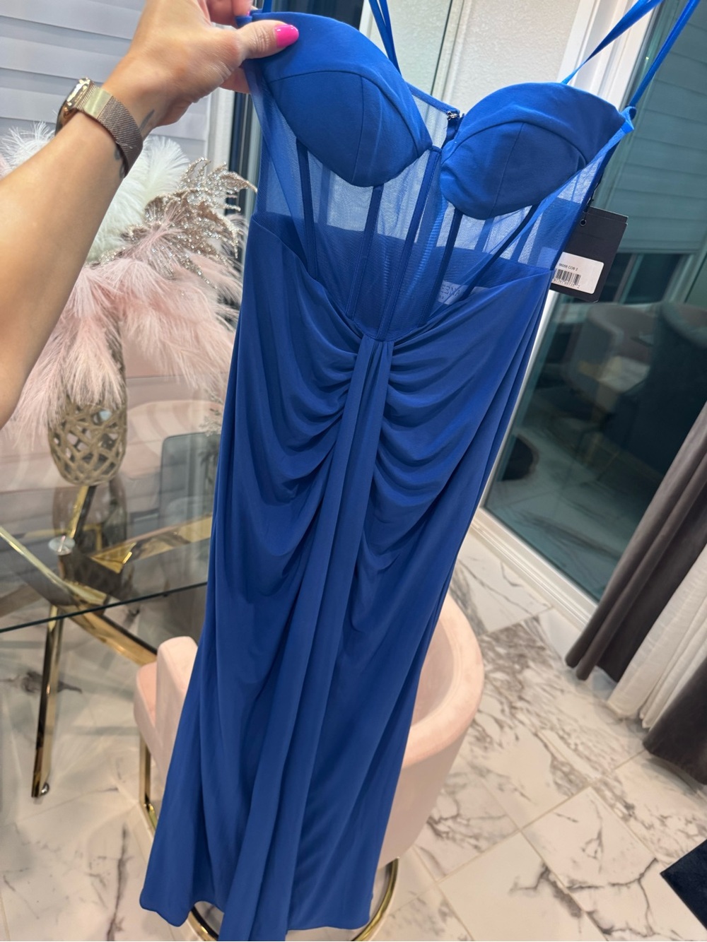 Mac Duggal Royal Blue Strapless Draped Bustier Gown